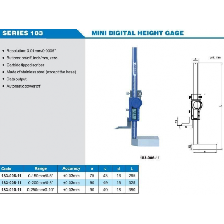 Accud Dijital Mini Yükseklik Mihengiri 200mm | 183-008-11