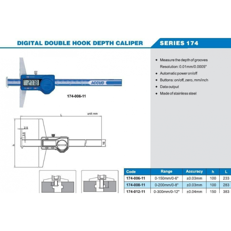 Accud Dijital Çift Kancalı Derinlik Kumpası 200mm | 174-008-11