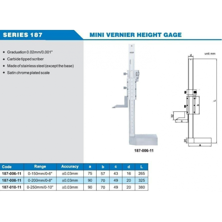 Accud Mini Mekanik Yükseklik Mihengiri 150mm | 187-006-11