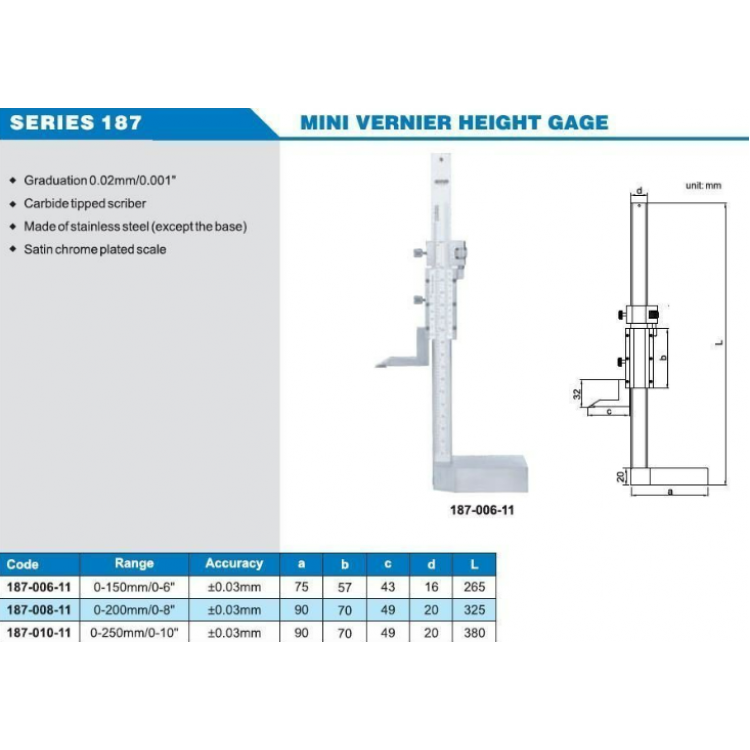 ACCUD Mini Mekanik Yükseklik Mihengiri 200mm | 187-008-11