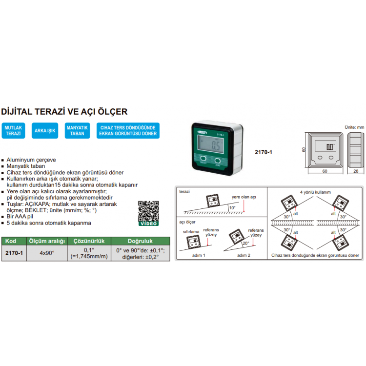 Insize Dijital Terazi ve Açı Ölçer 4x90° | 2170-1