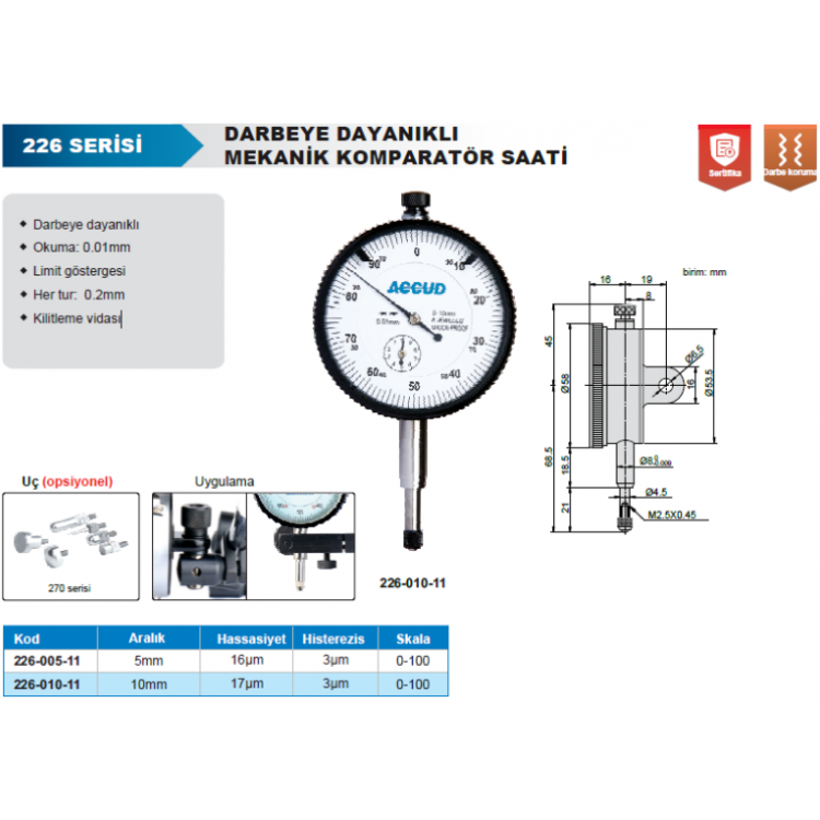 Accud Darbeye Dayanıklı Mekanik Komparatör  5mm/Saati 226-005-11