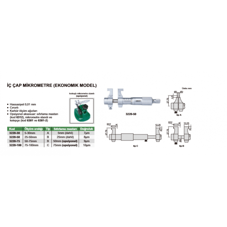 Insize 3220 İç Çap Mikrometre (Ekonomik Model) I 3220-100