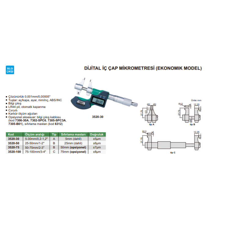  Insize 3520 Dijital İç Çap Mikrometresi (Ekonomik Model) I 3520-50