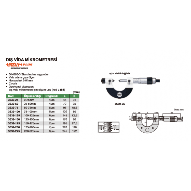  Insize 3639 Diş Vida Diş Mikrometresi I 3639-75
