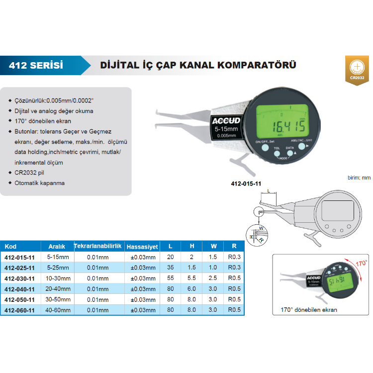 Accud Dijital İç Çap Kanal Komparatörü 5-15mm / 412-015-11