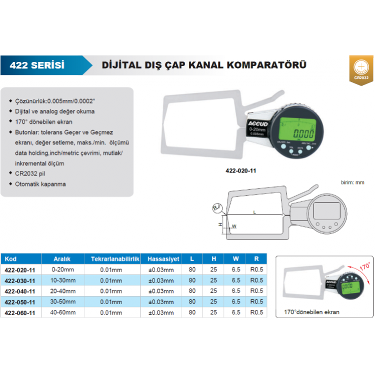 Accud Dijital Dış Çap Kanal Komparatörü 0-20 mm / 422-020-11