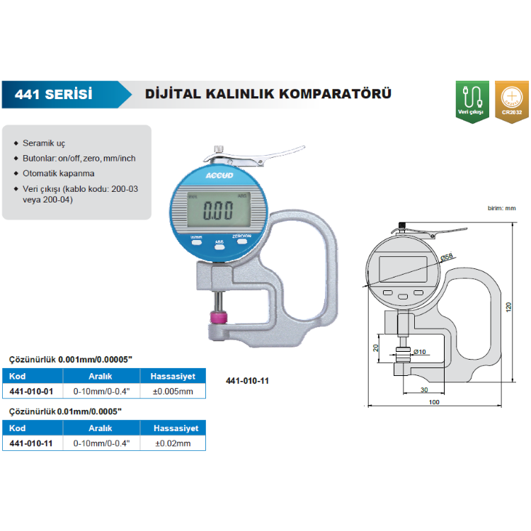 Accud Dijital Kalınlık Komparatörü 0-10mm /441-010-01