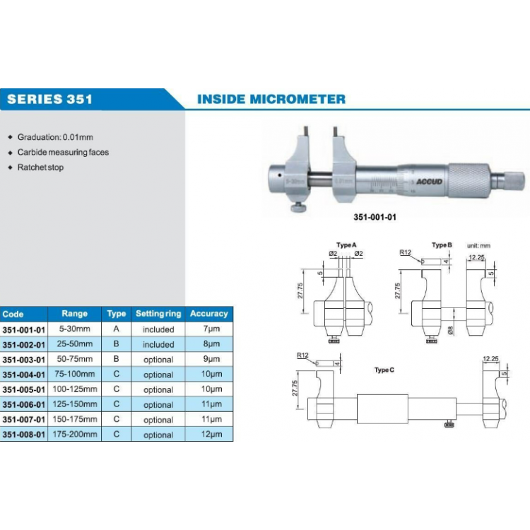 ACCUD Mekanik İç Çap Mikrometresi 5-300mm | 351-001-01