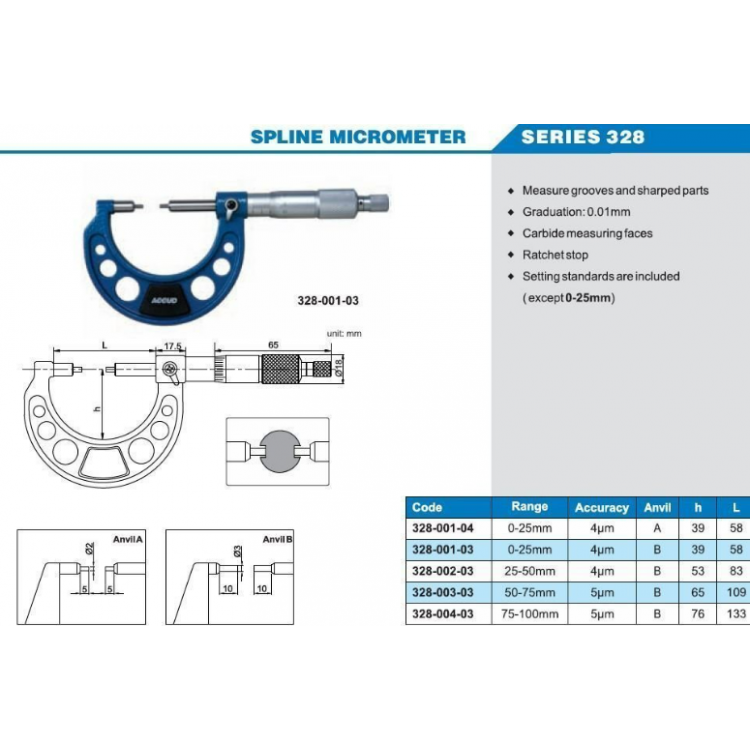 ACCUD Mekanik Pim Uçlu Mikrometre 0-175mm  | 328-001-03