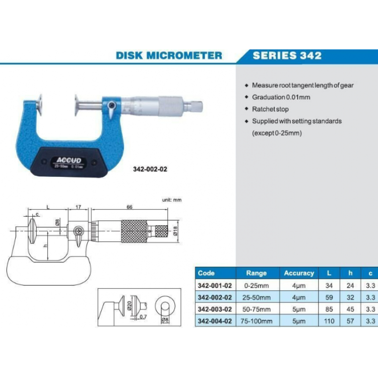 ACCUD Mekanik Disk Uçlu Mikrometre 0-100mm  | 342-001-02